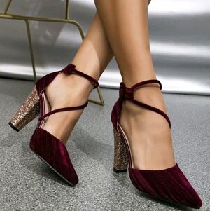 Elegant Velvet Burgundy Heels with Glitter Block Heel